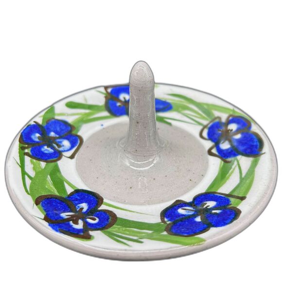 Handmade Art Pottery Ring Dish Blue Flowers (F) - Picture 1 of 3